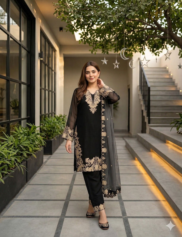 *NEW DESIGNER HEAVY FUAX GEORGETTE  EMBROIDERY WORK 3 PIS SUIT SET*