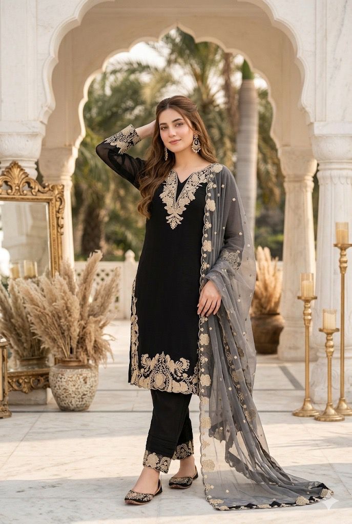 *NEW DESIGNER HEAVY FUAX GEORGETTE  EMBROIDERY WORK 3 PIS SUIT SET*