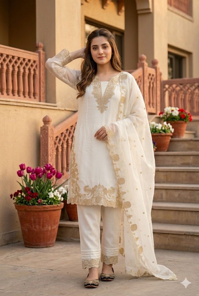 *NEW DESIGNER HEAVY FUAX GEORGETTE  EMBROIDERY WORK 3 PIS SUIT SET*