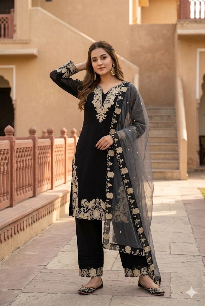 *NEW DESIGNER HEAVY FUAX GEORGETTE  EMBROIDERY WORK 3 PIS SUIT SET*