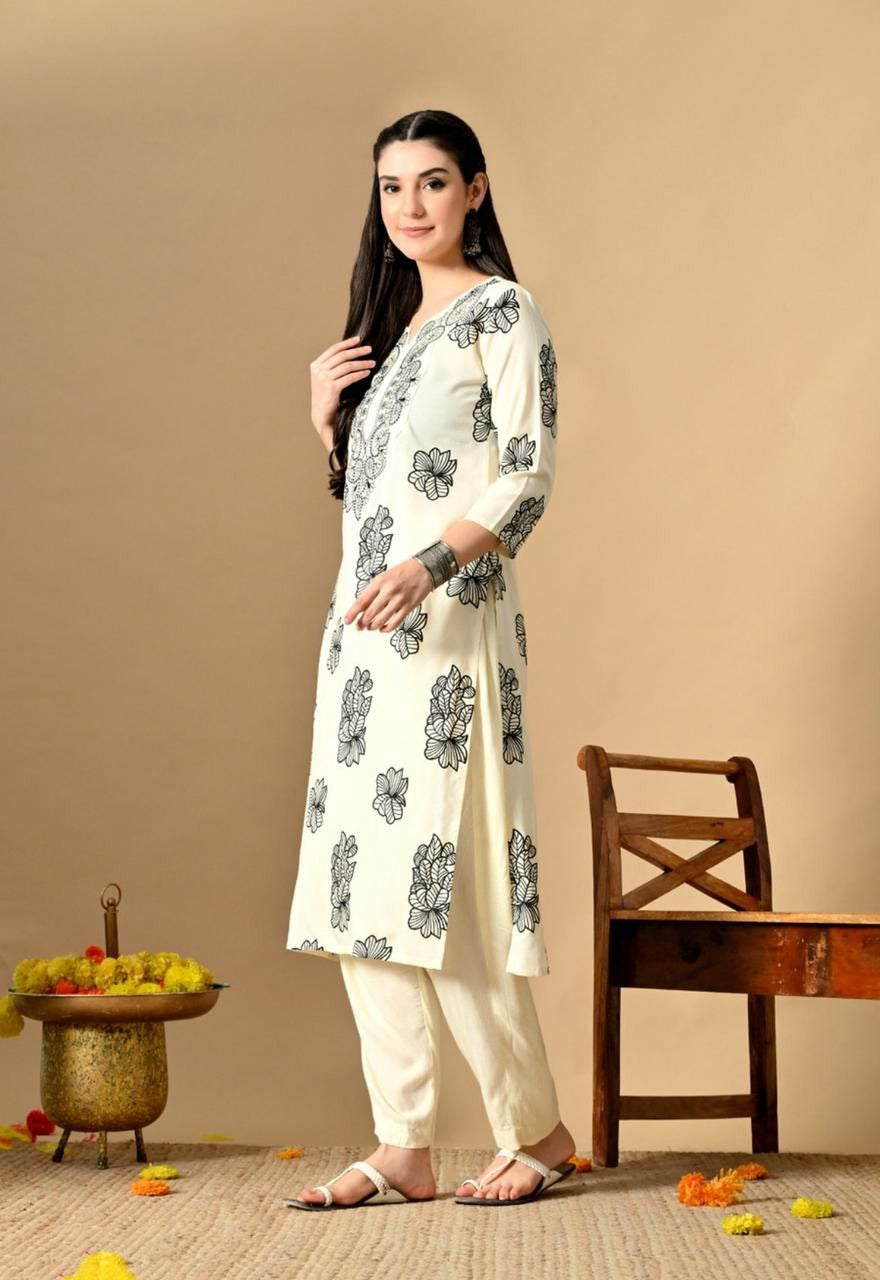 Elegant Ivory Floral Printed Kurti with Intricate Ethnic Embroidery