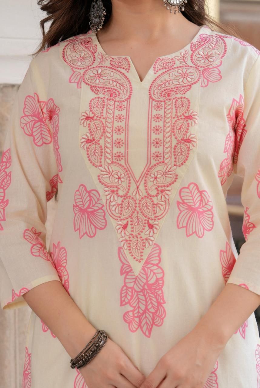 Elegant Ivory Floral Printed Kurti with Intricate Ethnic Embroidery