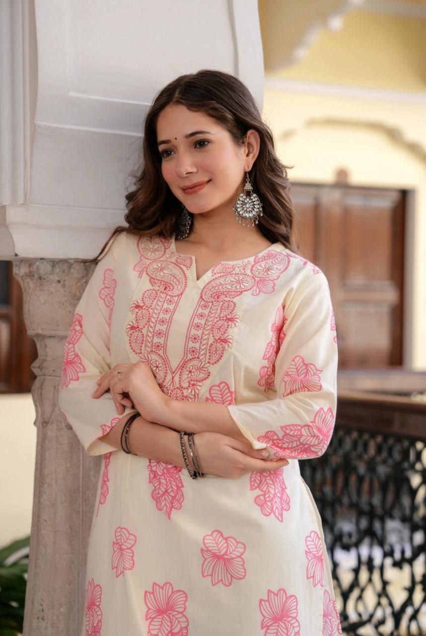 Elegant Ivory Floral Printed Kurti with Intricate Ethnic Embroidery