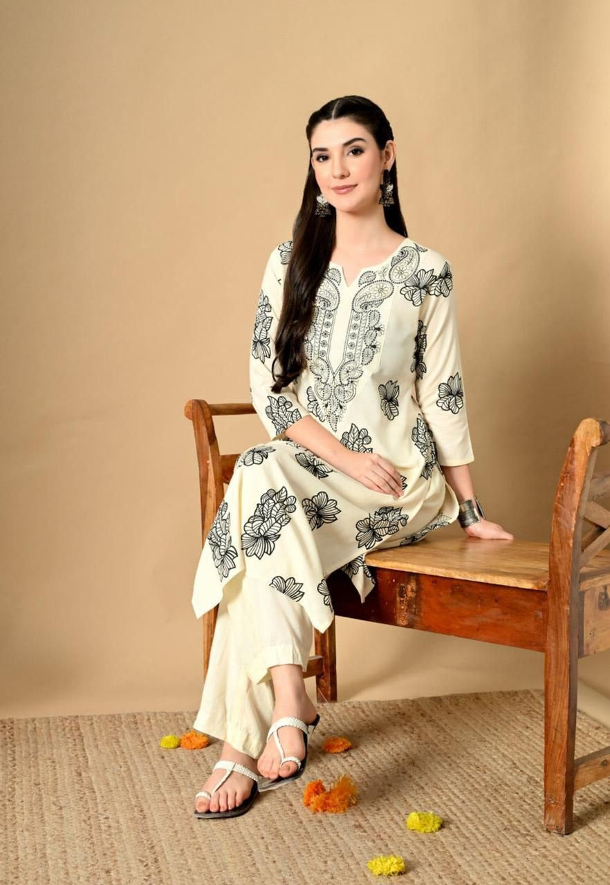 Elegant Ivory Floral Printed Kurti with Intricate Ethnic Embroidery