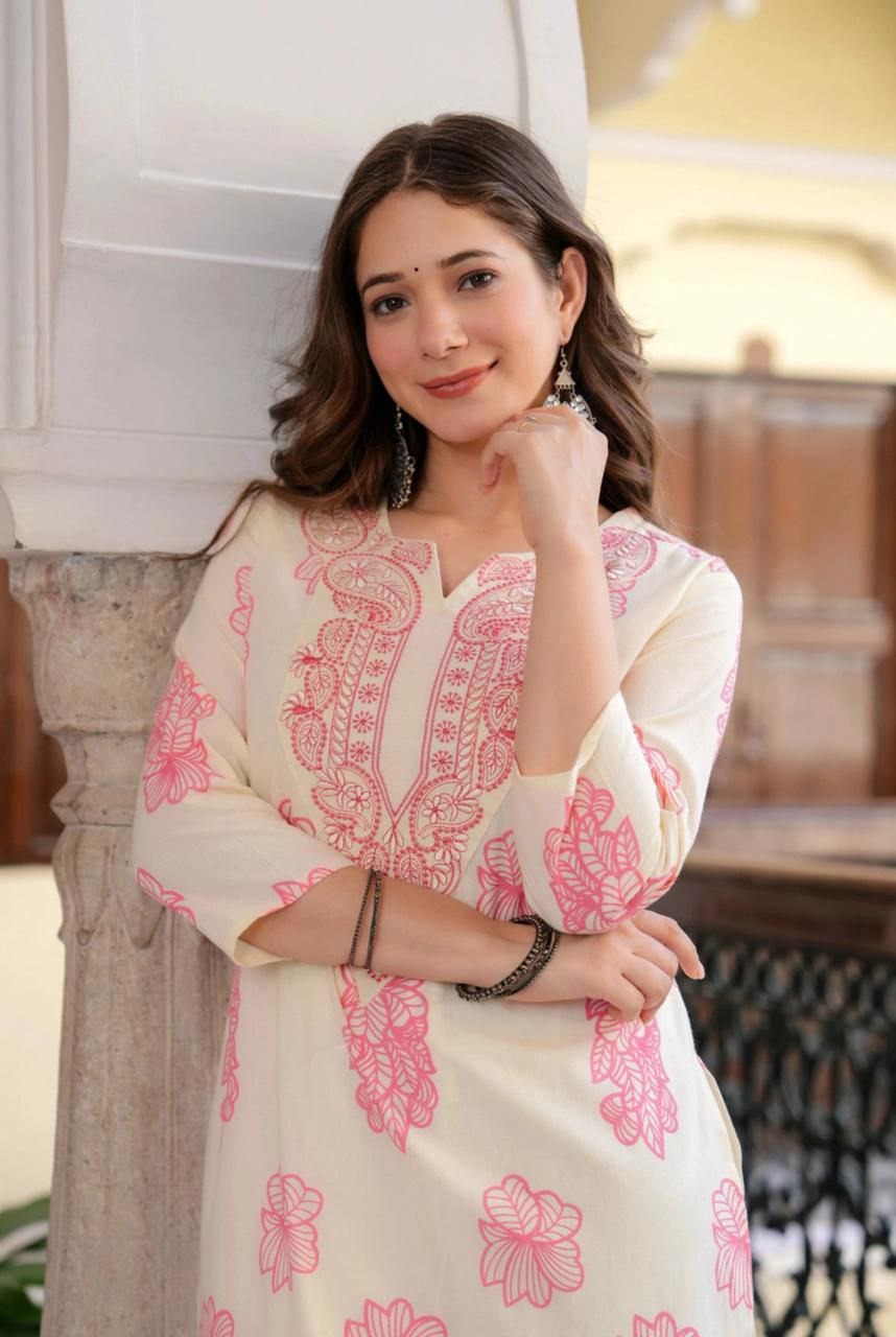 Elegant Ivory Floral Printed Kurti with Intricate Ethnic Embroidery
