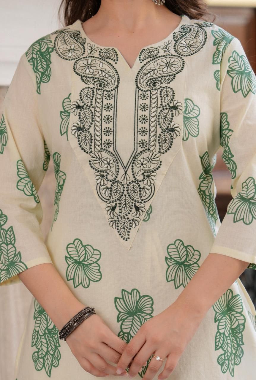 Elegant Ivory Floral Printed Kurti with Intricate Ethnic Embroidery