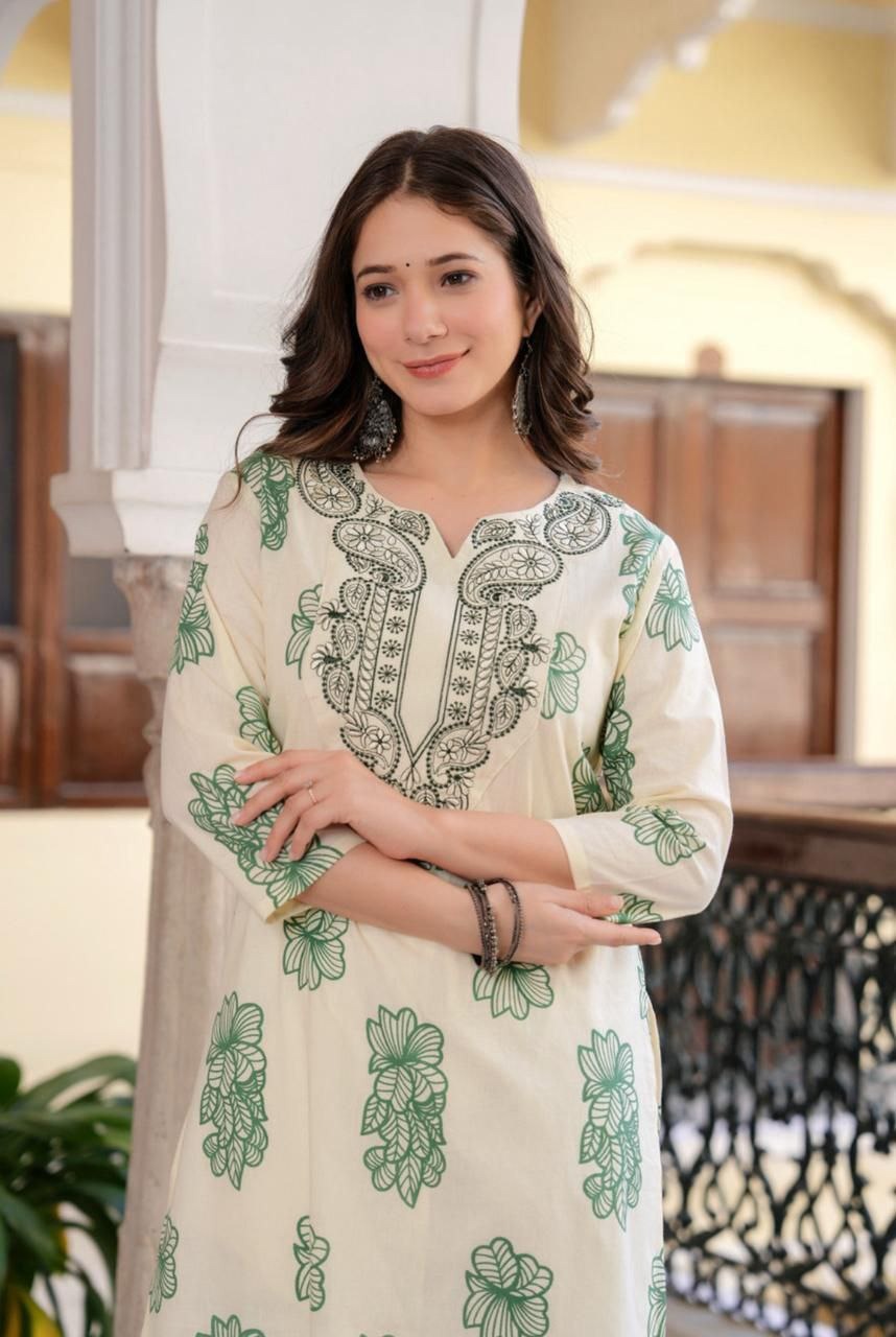 Elegant Ivory Floral Printed Kurti with Intricate Ethnic Embroidery