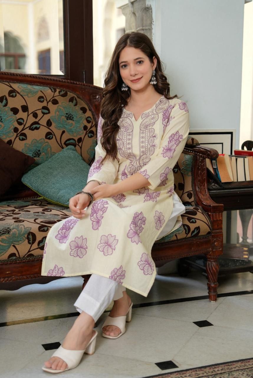 Elegant Ivory Floral Printed Kurti with Intricate Ethnic Embroidery