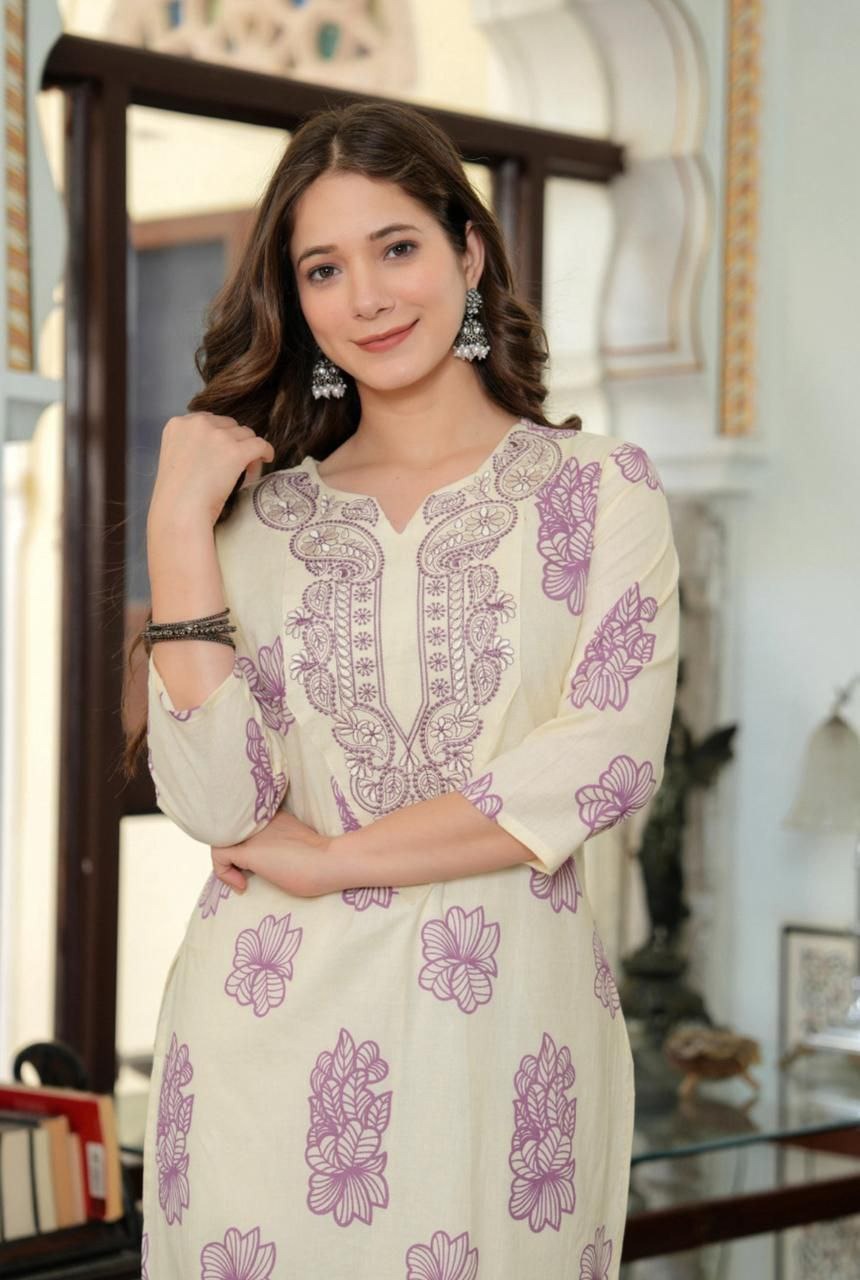 Elegant Ivory Floral Printed Kurti with Intricate Ethnic Embroidery