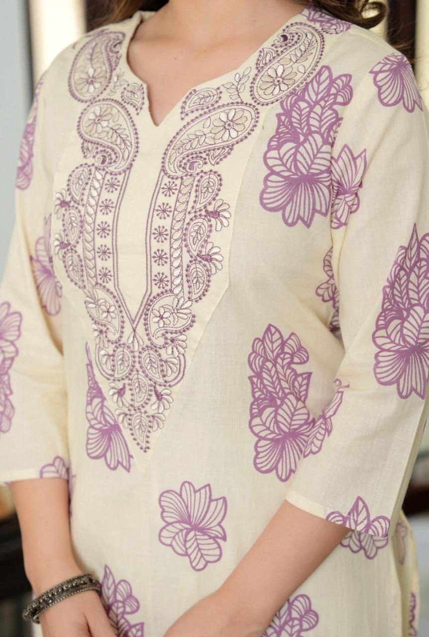 Elegant Ivory Floral Printed Kurti with Intricate Ethnic Embroidery