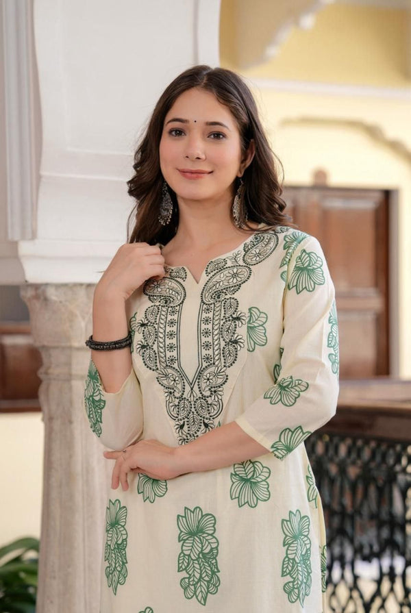 Elegant Ivory Floral Printed Kurti with Intricate Ethnic Embroidery