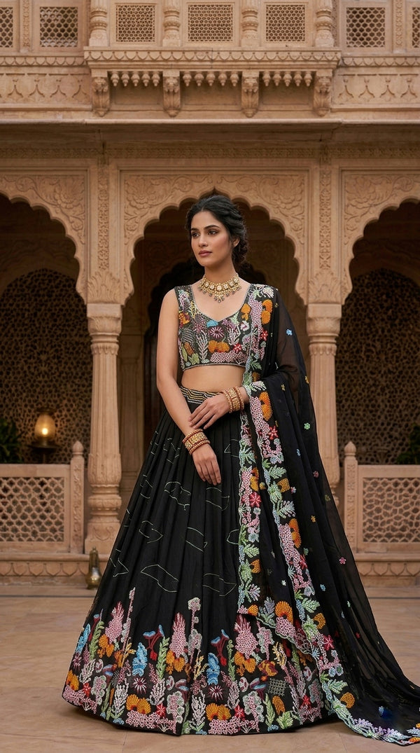 3.5 Meter Flare Lehenga Fox Georgette 9 needle thread embroidered Sequins work with Cancan & Canvas Patta*