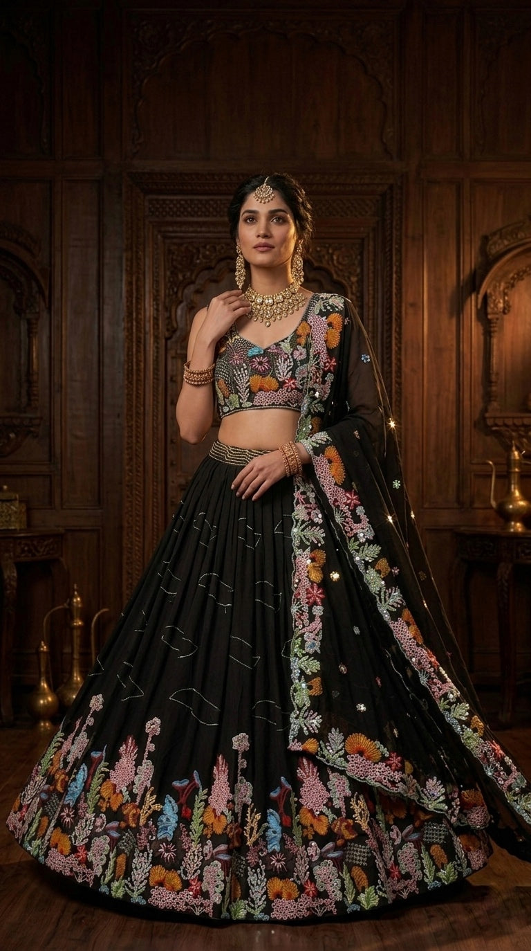 3.5 Meter Flare Lehenga Fox Georgette 9 needle thread embroidered Sequins work with Cancan & Canvas Patta*