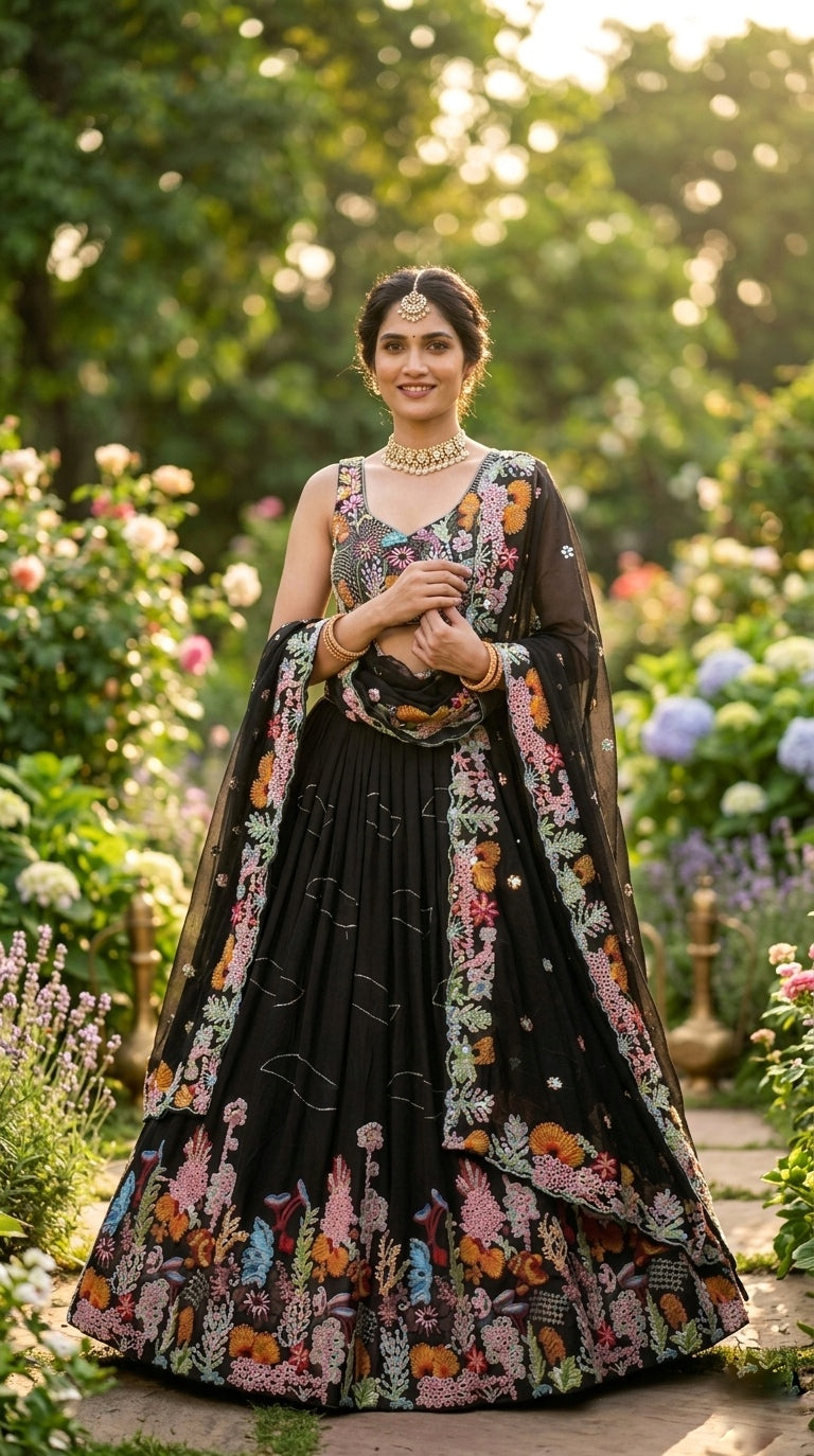 3.5 Meter Flare Lehenga Fox Georgette 9 needle thread embroidered Sequins work with Cancan & Canvas Patta*