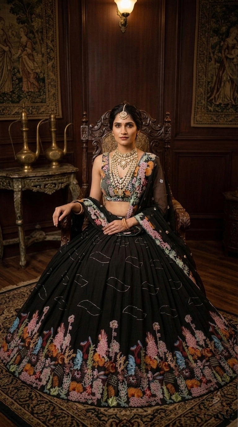 3.5 Meter Flare Lehenga Fox Georgette 9 needle thread embroidered Sequins work with Cancan & Canvas Patta*