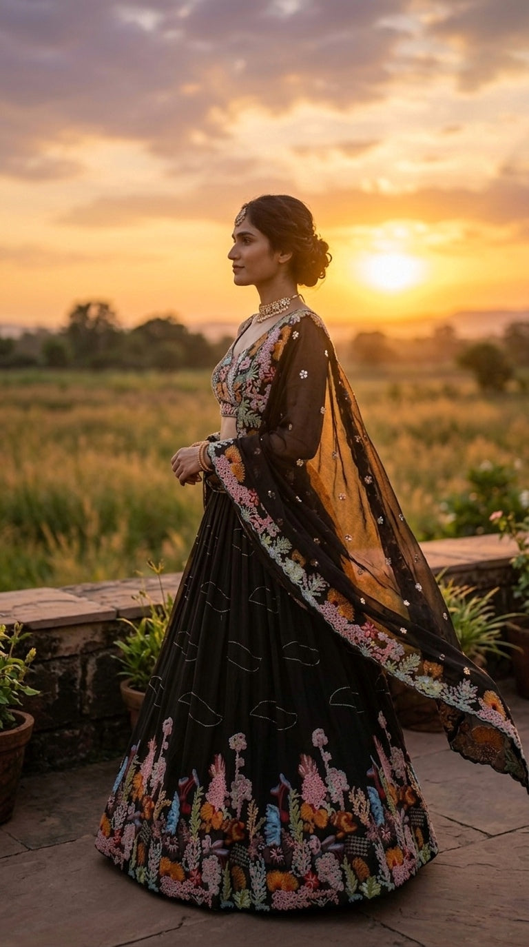 3.5 Meter Flare Lehenga Fox Georgette 9 needle thread embroidered Sequins work with Cancan & Canvas Patta*