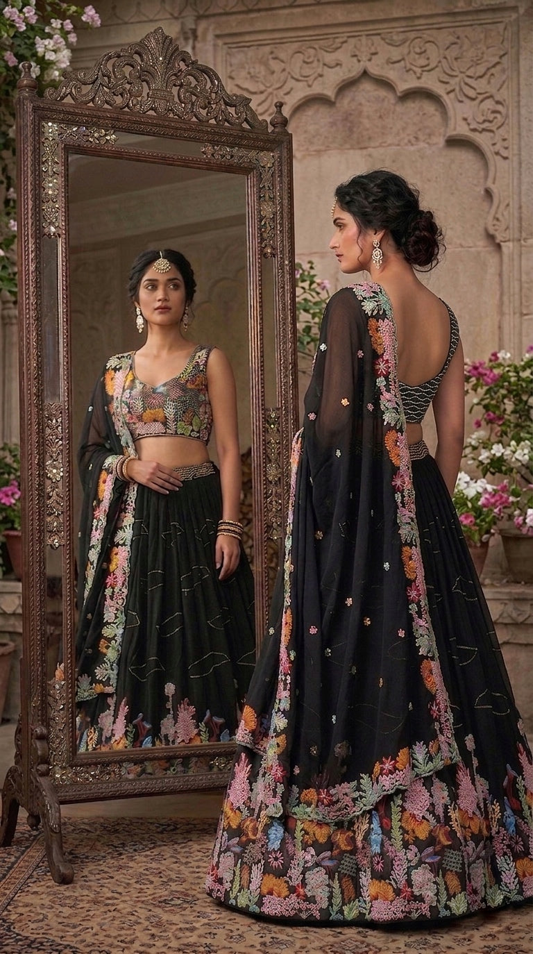 3.5 Meter Flare Lehenga Fox Georgette 9 needle thread embroidered Sequins work with Cancan & Canvas Patta*